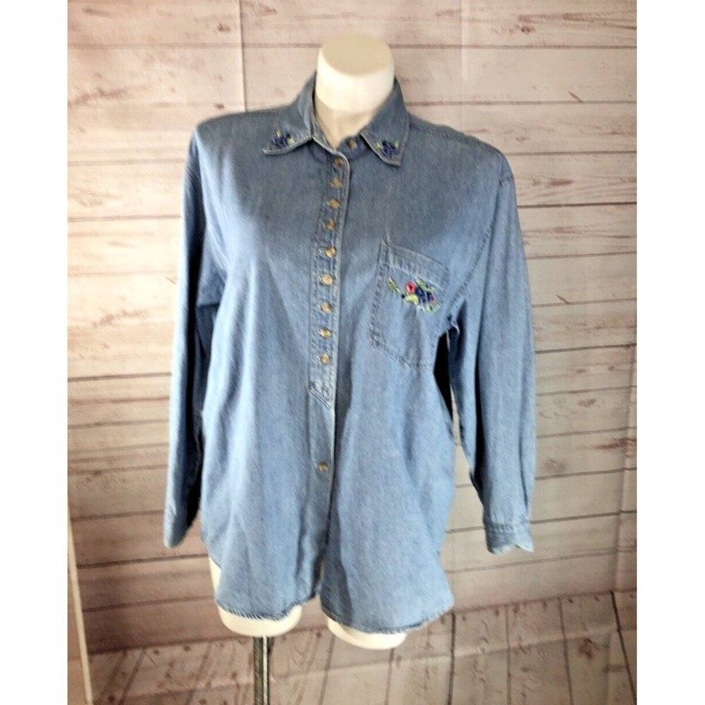 Vtg Andrew Jeans Womens 1X Denim Blue Button Up Shirt Embroidered Long Sleeve